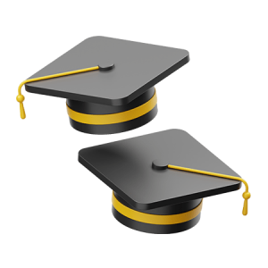 Two black graduation caps with yellow tassels and bands, floating in the air.