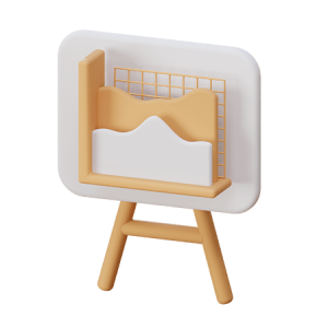 A 3D illustration of a whiteboard with a graph drawn on it, standing on an easel. The whiteboard is white with a light orange border, the graph is orange, and the easel is light brown.