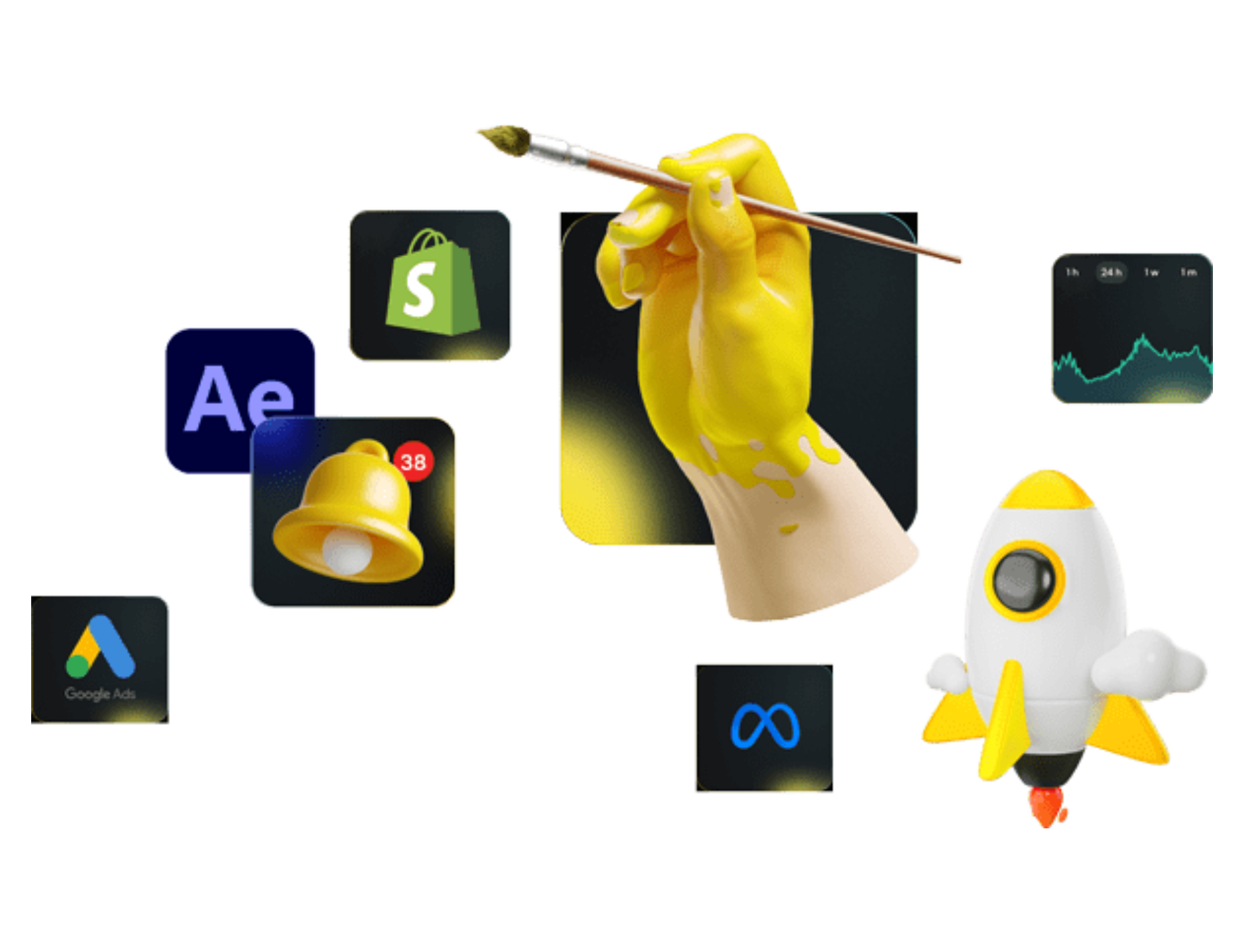 A collection of colorful icons, including a rocket ship, a hand holding a paintbrush, a bell with a notification, a Google Ads logo, a Shopify logo, an Adobe After Effects logo, and an infinity symbol.