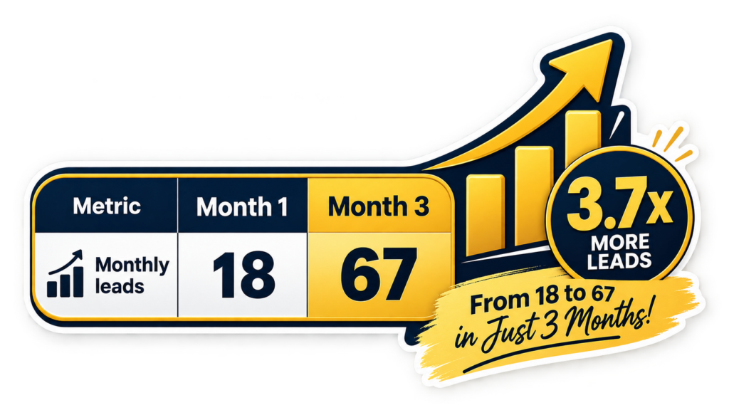 Monthly lead growth from 18 leads in Month 1 to 67 leads in Month 3.