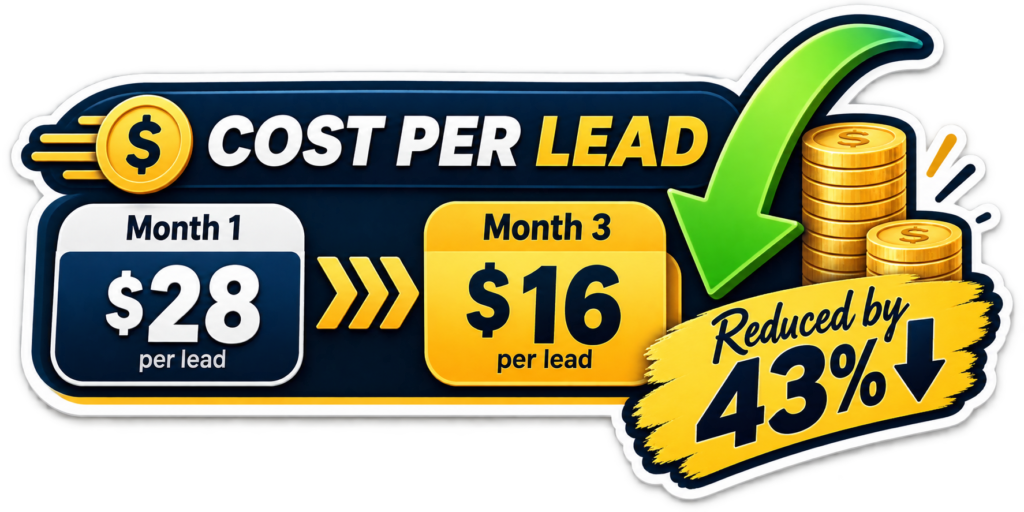 Cost per lead reduced from $28 in Month 1 to $16 in Month 3.